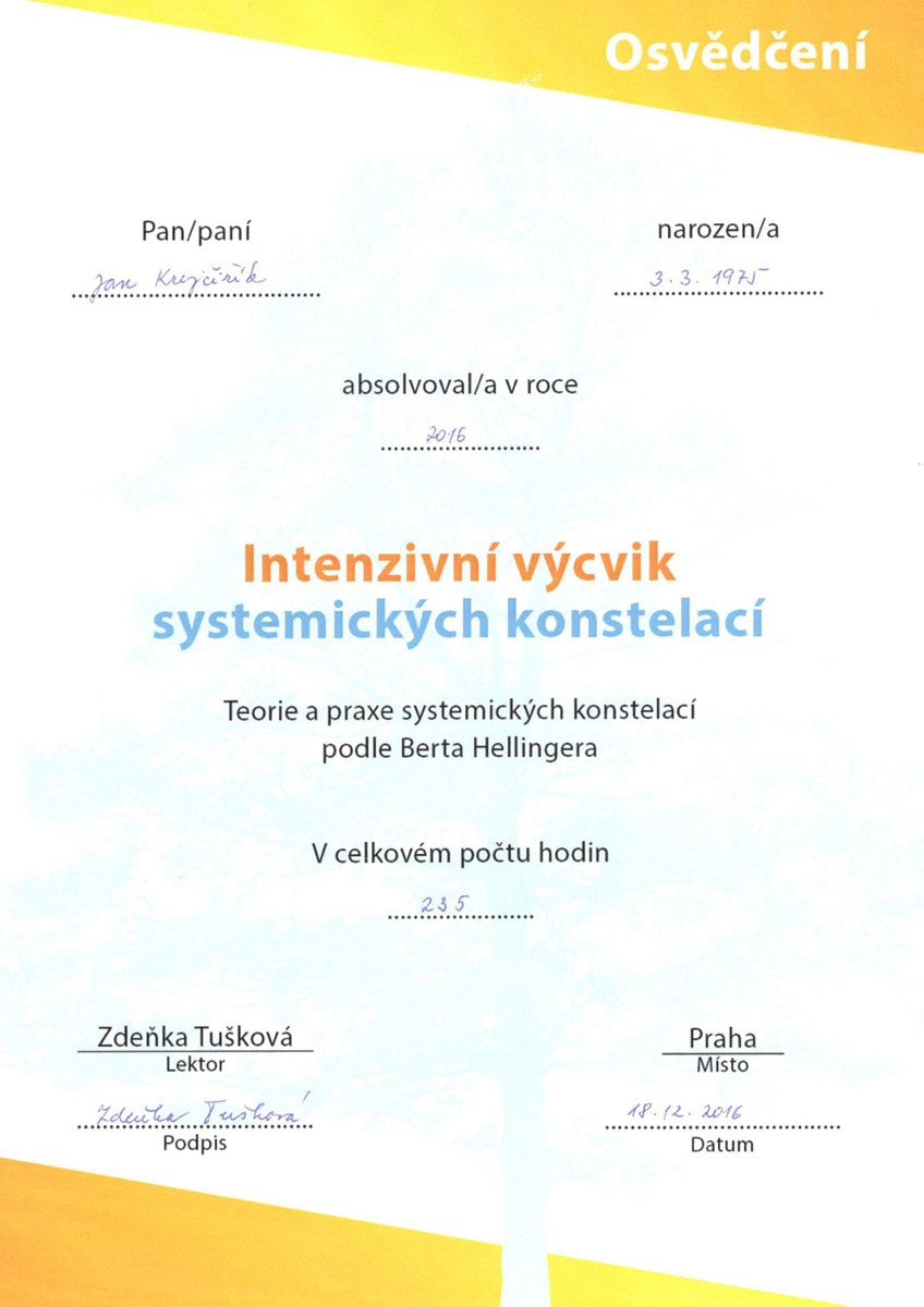 Certifikát - Intenzivní výcvik systemických konstelací u Zdeňky Tuškové